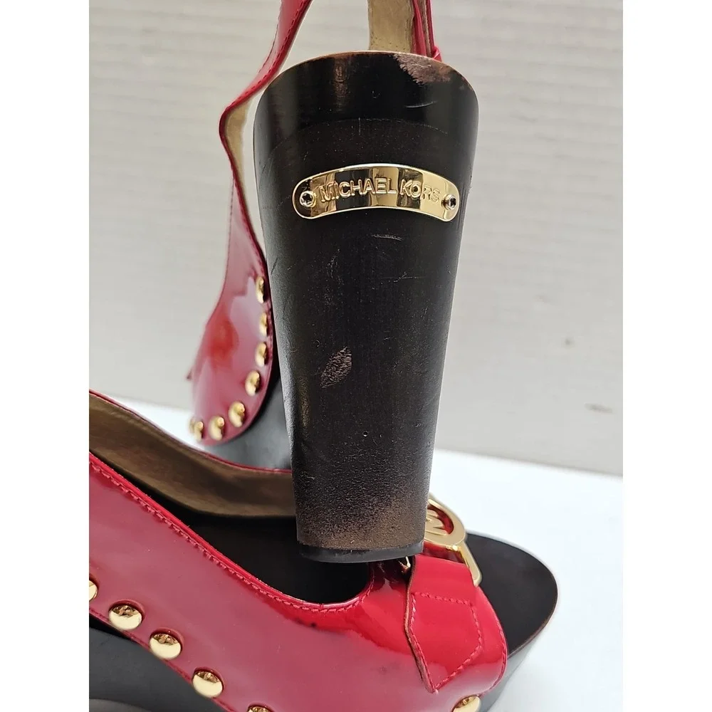 Michael Kors Red Patent Leather Platform Wedge Sandals Gold MK‎ Logo Studded 6M